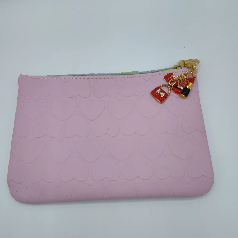 Pink Heart Embossed Cosmetic Bag Makeup Pouch Red Charms Lipstick Purse Travel